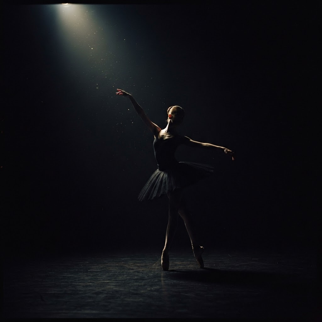 Silueta de una bailarina desvaneciéndose en la oscuridad del escenario