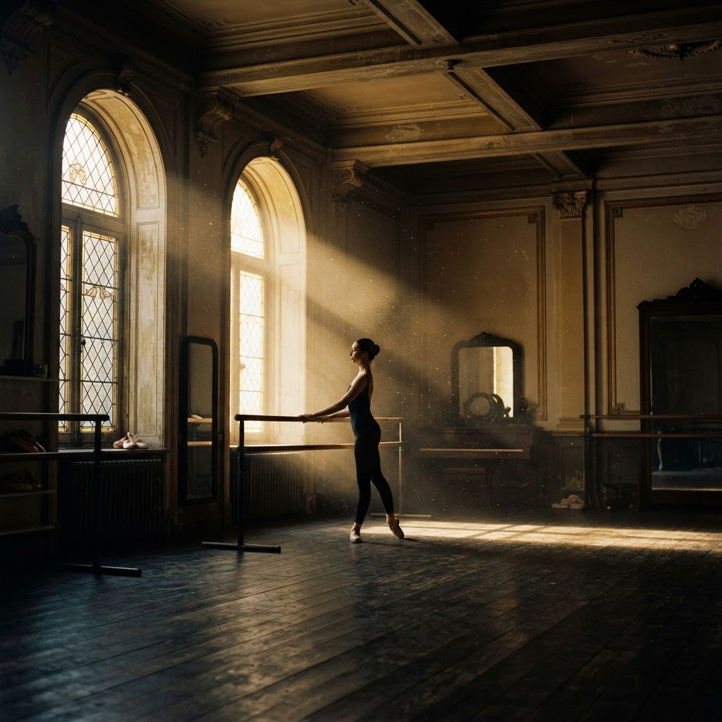 Interior de un estudio de ballet histórico con luz dorada